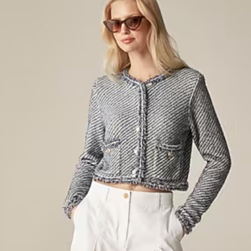 J. Crew Navy and White Cropped Tweed Cardigan